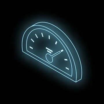 Neon speedometer glowing on dark background showing performance and measureme Stock Illustration