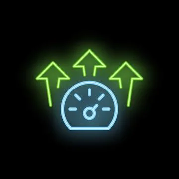 Neon speedometer showing increasing performance with arrows Stock Illustration