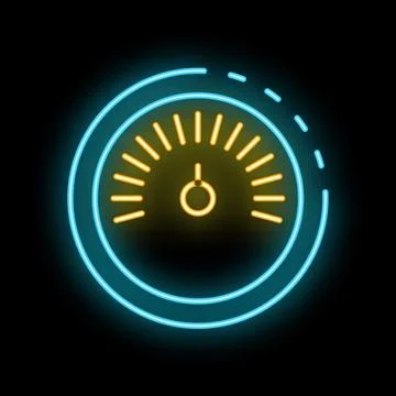 Neon speedometer showing progress on black background Stock Illustration