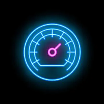 Neon speedometer showing progress on black background Stock Illustration