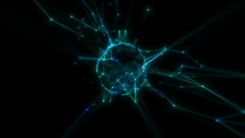 A neon sphere of polygonal shapes rotates counterclockwise on a black background Stock Footage 126545486