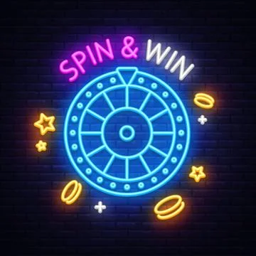 Neon spin and win sign with roulette wheel, coins, and stars on dark wall イラスト素材