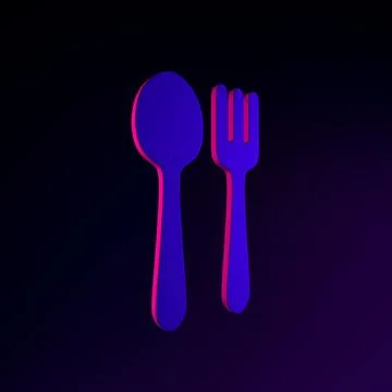 Neon spoon and fork icon in flat style. 3d rendering interface ui ux elemen.. Stock Illustration