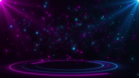 Neon spotlight ring stage background magenta and blue beams, glowing circular fl Stock Footage 340477521