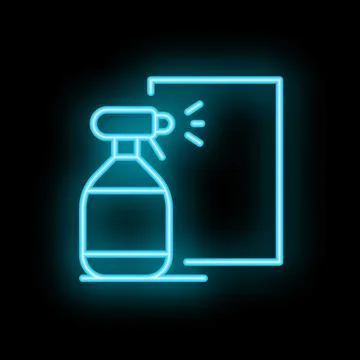 Neon spray bottle cleaning window icon on black background Stock Illustration