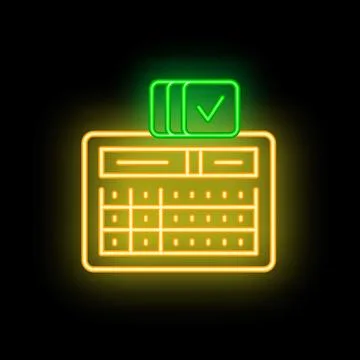Neon spreadsheet icon glowing on dark background with check mark symbol Stock Illustration
