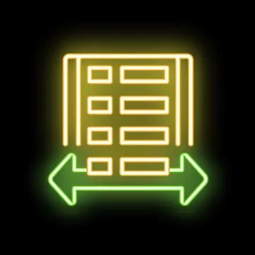Neon spreadsheet icon with two green arrows pointing left and right, symboliz Stock Illustration