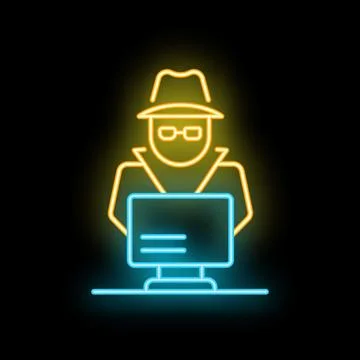 Neon spy hacking computer on black background Illustrazione stock