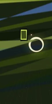 A neon square and circular ring float over a dark green and blue abstract g.. Ilustração Stock