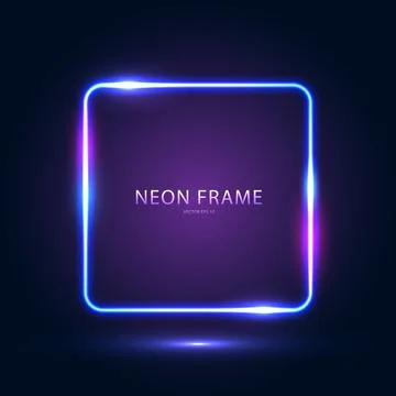 Neon square blue frame on a dark blue purple background. Abstract futuristic Stock Illustration
