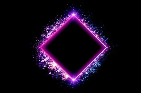 Neon square frame is a neon light surrounded by sparkling stars. Stock Photos