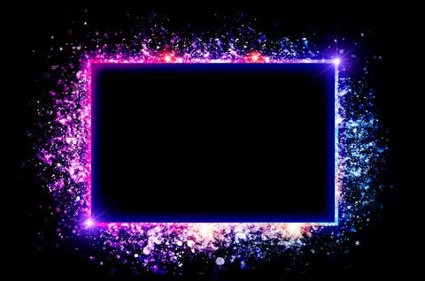 Neon square frame is a neon light surrounded by sparkling stars. Stock Photos