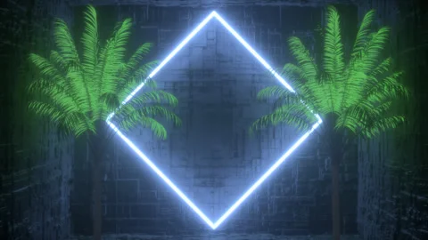 Neon Square Frame With Palm Trees In 3d Tech Room Stock Footage 305094365