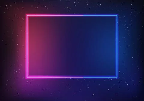 Neon Square Frame with Pink and Blue Gradient on Starry Sky Background, Fut.. Stock Illustration