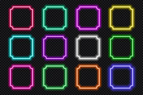 Neon square frame set. Glowing coloful rounded corners border. Vintage shape イラスト素材