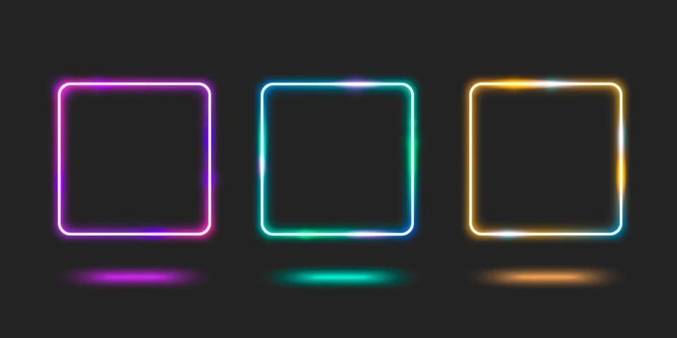 Neon square frame set glowing on dark background Illustrazione stock