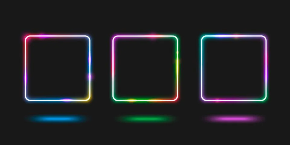 Neon square frame set glowing on dark background 스톡 일러스트