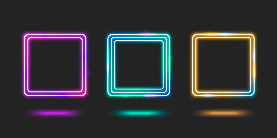 Neon square frame set glowing on dark background 스톡 일러스트
