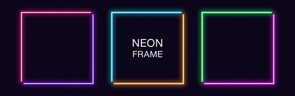 Neon square Frame. Set of quadrate neon Border in 2 angular parts. Geometric  Stock-Illustration