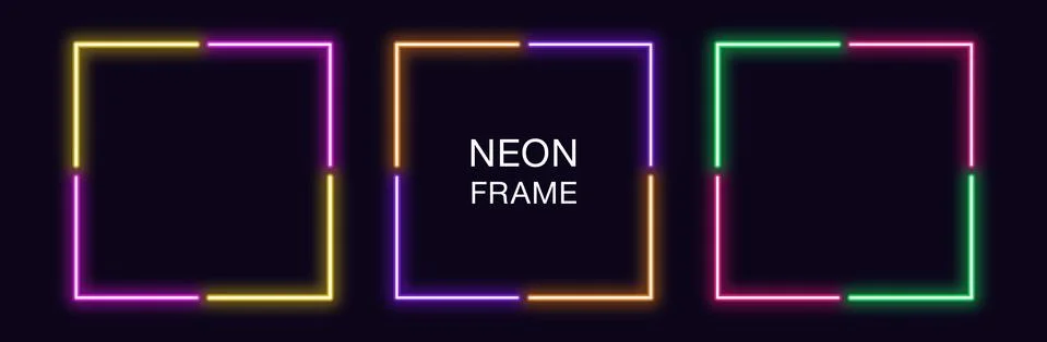 Neon square Frame. Set of quadrate neon Border in 4 angular parts. Geometric  Illustrazione stock