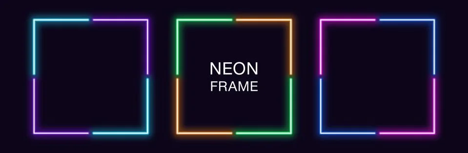 Neon square Frame. Set of quadrate neon Border in 4 angular parts. Geometric  Stock Illustration