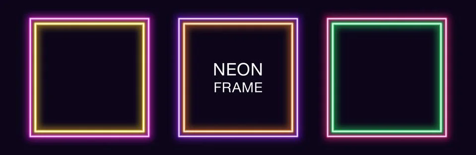 Neon square Frame. Set of quadrate neon Border with double outline. Geometric Stock Illustration