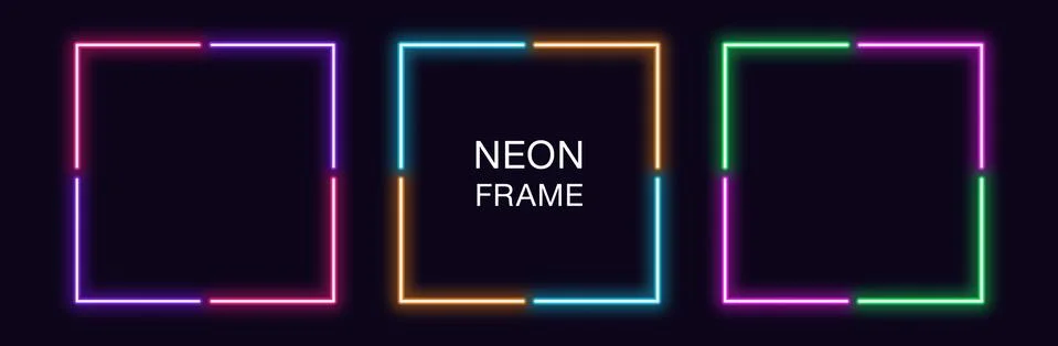 Neon square Frame. Set of quadrate neon Border in 4 angular parts. Geometric  Stock-Illustration
