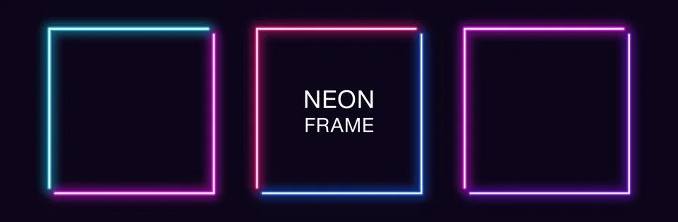 Neon square Frame. Set of quadrate neon Border in 2 angular parts. Geometric  库存插图