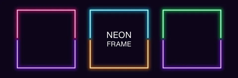 Neon square Frame. Set of quadrate neon Border in 2 outline parts. Geometric  Stock Illustration