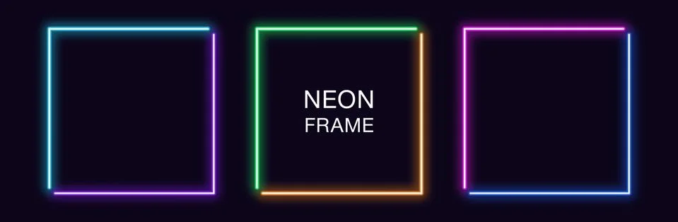 Neon square Frame. Set of quadrate neon Border in 2 angular parts. Geometric  Ilustração Stock