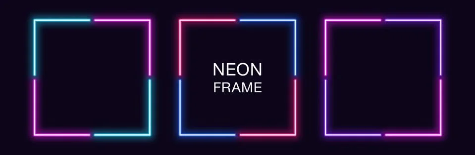 Neon square Frame. Set of quadrate neon Border in 4 angular parts. Geometric  Stock Illustration