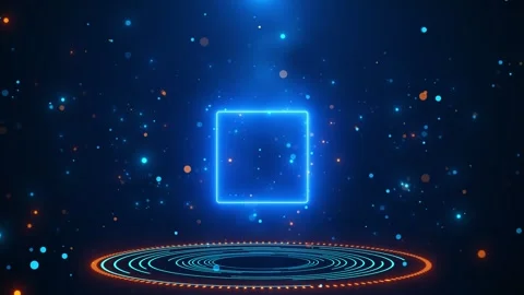 Neon square portal platform cyan glowing frame, circular rings, orange accents, Stock Footage 340466683