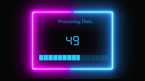 Neon Square Progress Bar with " Processing Data" Text and 100 Percent Compl.. Stock Footage 321590419