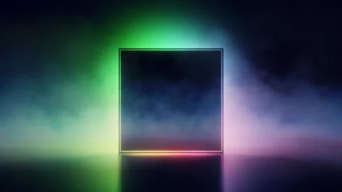 Neon square shape with smoke over changing rgb backdrop Stock Footage 347206233