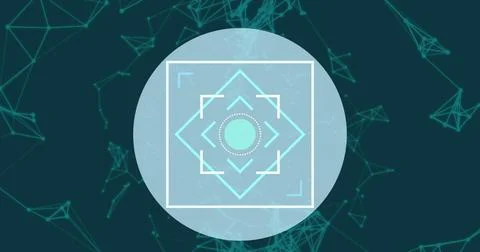 Neon square shapes over circle against network of connections on green Stock Photos