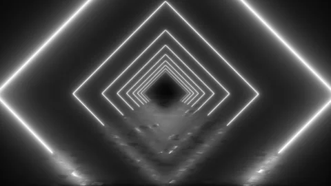 Neon square tunnel animation loop with glowing white lights and reflection Stock Footage 342414329