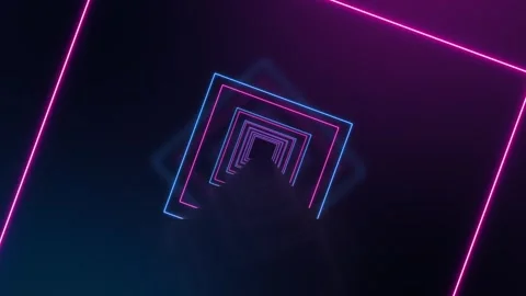 Neon square tunnel background blue and magenta glowing frames, perspective depth Stock Footage 340477502