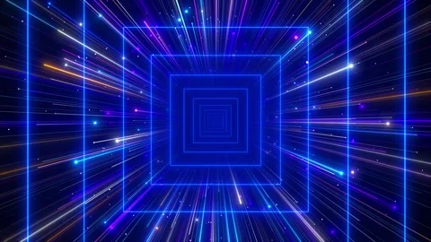 Neon square tunnel blue perspective frames, fast light streaks, colorful particl Stock Footage 340456430