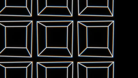 Neon squares create a geometric pattern on a dark Stock Footage 338403045