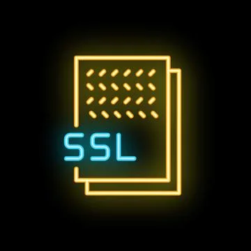 Neon ssl certificate icon glowing on dark background 库存插图