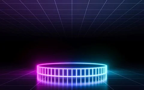 Neon stage with perspective grid. 3d rendering Stock Illustration