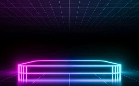 Neon stage with perspective grid. 3d rendering Stock Illustration