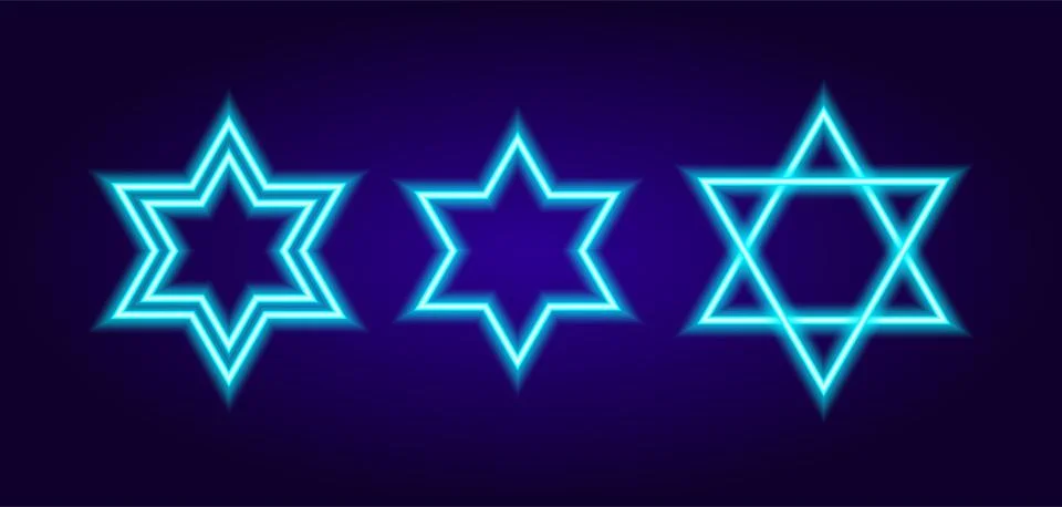 Neon star of david. a set of hexagonal stars, with a double contour of blue Stock Illustration