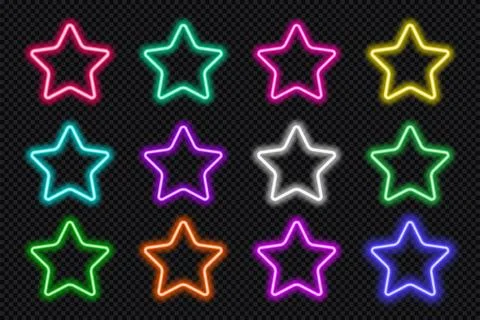 Neon star icon set. Glowing coloful superstar celebrity button. Geometric shape Stock Illustration