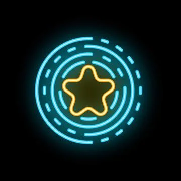 Neon star shining inside concentric circles on black background Stock Illustration