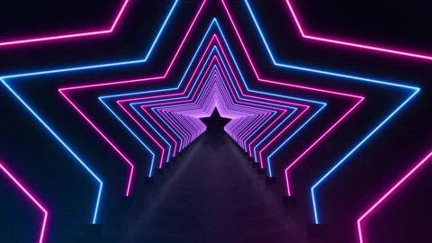 Neon star tunnel background blue pink light outlines, glowing path, dark depth, Stock Footage 340400479