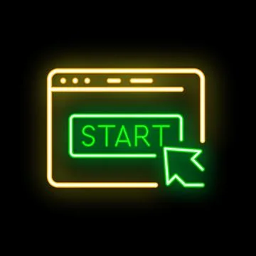 Neon start button on website with mouse clicking it Stock Illustration