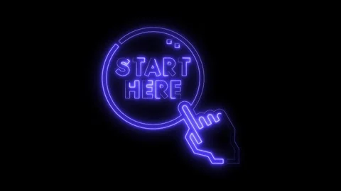 Neon start here button pointer animation on black background guidance and b.. Stock Footage 312333188