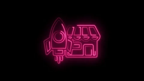 Neon startup business concept with rocket and storefront outlines glowing on Stock Footage 330784294