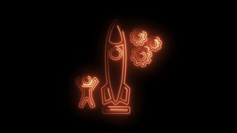 Neon startup rocket with gears and excited character animation on a black Stock Footage 322957448